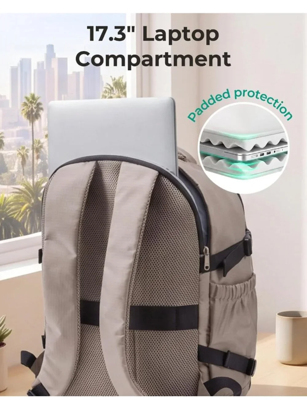 35L Travel Backpack for Men & Women - Stylish 17-Inch Carry-On Bag, Beige